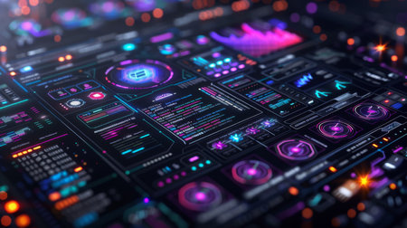 Futuristic User Interface Showcasing Advanced Data Visualization and Analytics in a Digital Workspace With Vibrant Colors and Modern Design. Generative AIの素材