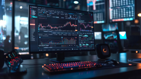 Advanced Trading Setup Showcasing a Monitor Displaying Detailed Market Data and Analytics in a Dimly Lit Room With Colorful Lighting Effects. Generative AIの素材