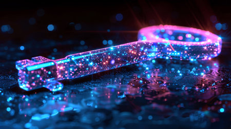 Colorful Sparkling Key Glistening Under Vibrant Lights on a Wet Surface With Reflections Creating a Mystical Atmosphere During Nighttime. Generative AIの素材