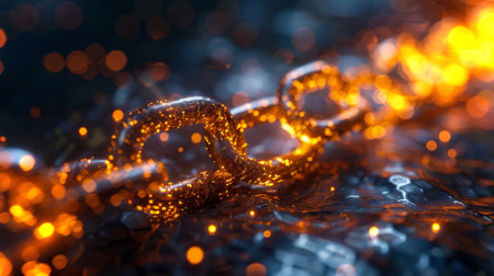 Close up View of Glowing Orange Chain Links Submerged in Water, Showcasing Intricate Details and Reflections During Twilight Hours. Generative AIの素材