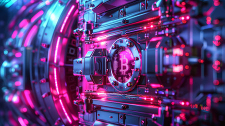 Intricate Representation of a Futuristic Bitcoin Mining Machine With Glowing Neon Elements and High Tech Details at Night. Generative AIの素材