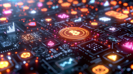 Digital Cryptocurrency Network Visualization Featuring Bitcoin and Various Blockchain Icons Showcasing Data and Statistics Related to Currency Trends. Generative AIの素材