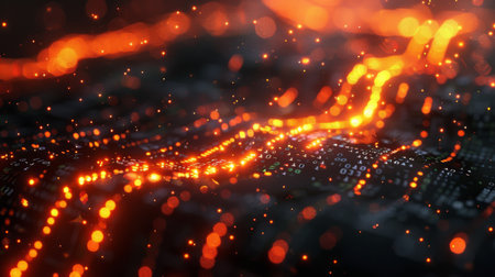 Visual Representation of Digital Data Flow With Glowing Orange Patterns Resembling Liquid Light on a Dark Background During Nighttime. Generative AIの素材