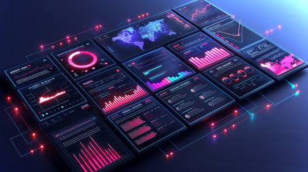 Display of Digital Data Analytics Dashboards Featuring Graphs, Charts, and Maps in Vibrant Colors Against a Dark Background. Generative AIの素材
