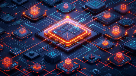 Digital Circuit Board Design Featuring Illuminated Processors and Intricate Wiring in a Futuristic Setting. Generative AIの素材