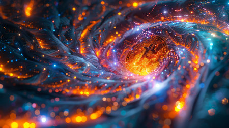 Vibrant Digital Artwork Showcasing a Swirling Galaxy of Glowing Colors Intertwined With a Prominent Cryptocurrency Symbol at Its Core. Generative AIの素材