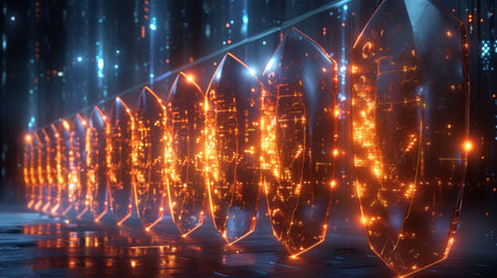 Futuristic Scene Featuring Illuminated Crystals With Vibrant Lights and Digital Patterns in an Advanced Technology Setting. Generative AIの素材