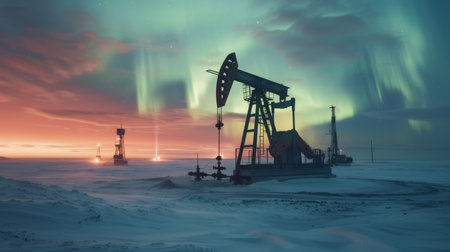 Oil Pump Jacks Operate Under the Vibrant Northern Lights in a Remote Arctic Location During the Twilight Hours. Generative AIの素材