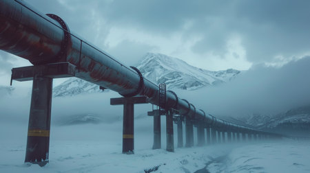 Long Pipeline Stretches Through Snow Covered Mountains Under Cloudy Sky in a Remote Wilderness Setting During Winter. Generative AIの素材