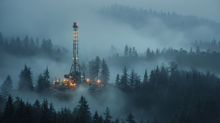 A Drilling Rig Stands Prominently Illuminated at Twilight, Surrounded by a Dense Forest While a Thick Fog Blankets the Ground Below. Generative AIの素材