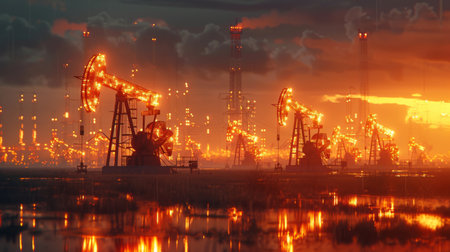 Oil Pumps Ignite the Horizon With Fiery Flare at Sunset Creating a Dramatic Industrial Landscape in an Oil Field. Generative AIの素材