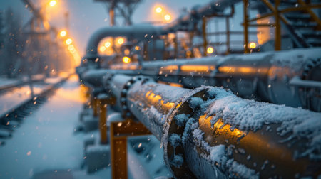 Snow covered Industrial Pipeline System at Dusk in a Chilly Environment With Glowing Lights Illuminating the Surroundings. Generative AIの素材