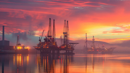 Sunset Over Oil Rigs With Vibrant Colors Reflecting on Calm Water in a Coastal Industrial Area. Generative AIの素材