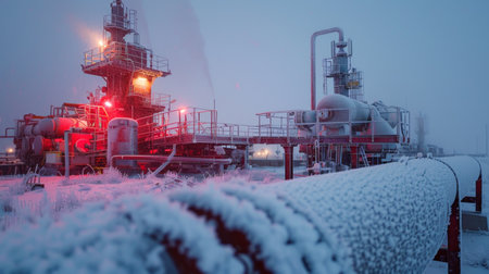 Industrial Oil Extraction Facility Covered in Frost During a Cold Winter Evening in a Remote Location, Showcasing Machinery and Pipelines. Generative AIの素材