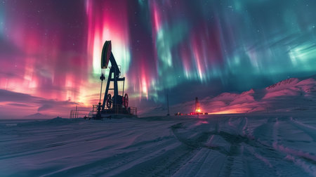 Stunning Aurora Borealis Illuminates the Snowy Landscape Beside an Oil Drilling Rig in a Remote Location at Night. Generative AIの素材