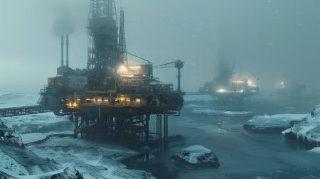 Oil Drilling Platforms Stand in Icy Waters Under a Gray Sky During a Cold Winter Evening Near the Arctic Circle. Generative AIの素材