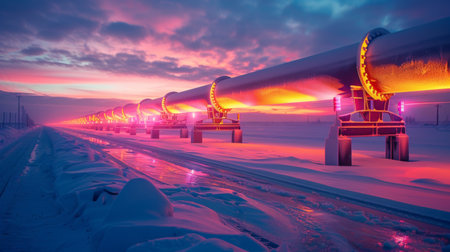 Brightly Lit Pipeline Stretches Across Frozen Landscape During Twilight Hours Showcasing Vibrant Colors Reflecting on Snow. Generative AIの素材
