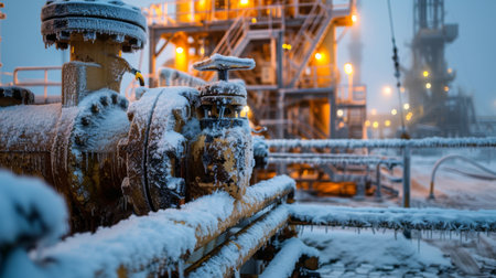 Industrial Equipment Covered in Frost at an Oil Refinery During Winter Dusk Highlighting the Contrast Between Machinery and Nature. Generative AIの素材
