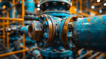 Close View of Industrial Water Pipes Showcasing Corrosion and Rust in a Factory Setting During Daytime Operations. Generative AIの素材