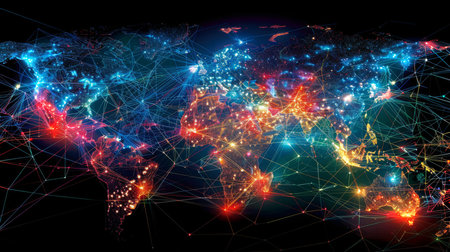Global Network Visualization Displays Interconnected Cities With Vibrant Illuminated Lines Representing Data Flow and Digital Communication Across Countries. Generative AIの素材