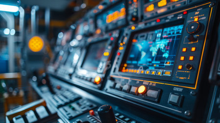 Control Panel With Glowing Displays and Buttons in a High Tech Environment Showcasing Advanced Technology and Monitoring Systems. Generative AIの素材