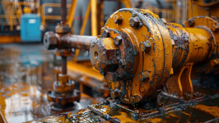Close up View of Industrial Machinery Showing a Rusty Valve and Pipes at an Oil Extraction Site During Daylight Hours. Generative AIの素材