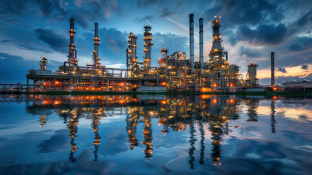 Industry Complex Illuminated by Dusk Lighting Reflecting on the Water in a Serene Industrial Landscape. Generative AIの素材