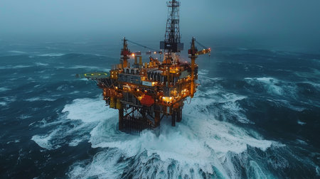 Offshore Oil Rig Standing Tall in Turbulent Seas During a Storm at Twilight, Showcasing the Resilience of Energy Infrastructure. Generative AIの素材