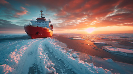 Polar Expedition Vessel Navigating Through Ice at Sunset in the Arctic Region With Vibrant Skies. Generative AIの素材