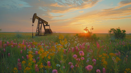 Oil Pumpjack Stands Amidst Blooming Wildflowers During Sunset in an Open Field Showcasing a Harmonious Blend of Nature and Industry. Generative AIの素材