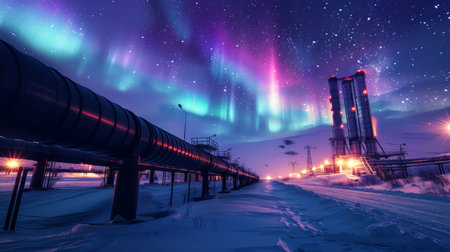 Majestic Northern Lights Illuminate Industrial Landscape at Midnight in a Snow Covered Region. Generative AIの素材