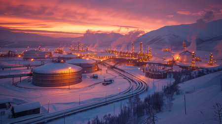 Industrial Complex Illuminated by Sunset With Snowy Landscape and Smoke Rising From Various Facilities at Dusk. Generative AIの素材