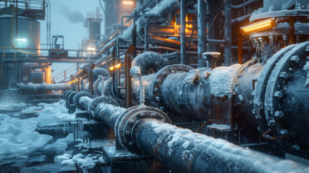 Winter Industrial Landscape With Frozen Pipes and Equipment in a Manufacturing Facility Amidst Snowfall. Generative AIの素材