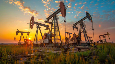 Oil Pumps Operate During Sunset Near a Rural Landscape Showcasing the Energy Sectors Role in Natural Resource Extraction. Generative AIの素材