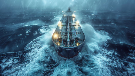 Massive Cargo Ship Navigates Through Turbulent Sea During Stormy Weather in the Early Morning Hours. Generative AIの素材