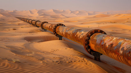 Rusty Pipeline Stretches Across Vast Golden Desert Landscape Under Soft Sunlight at Dusk. Generative AIの素材