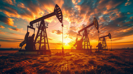 Oil Pumps Operate Against a Dramatic Sunset Sky in an Expansive Field, Showcasing the Energy Industrys Impact on the Landscape. Generative AIの素材