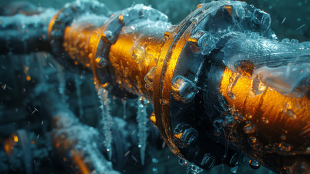 Stunning Close Up of a Frozen Industrial Pipe System Showcasing Ice Accumulation in a Chilly Environment. Generative AIの素材