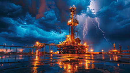 Dark Storm Clouds Loom Over an Oil Drilling Rig During a Lightning Storm in an Industrial Area at Night. Generative AIの素材
