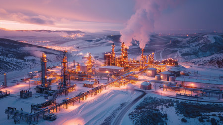 Industrial Complex Illuminated at Dusk in a Snowy Landscape With Smoke Rising From Tall Chimneys Amidst a Serene Environment. Generative AIの素材
