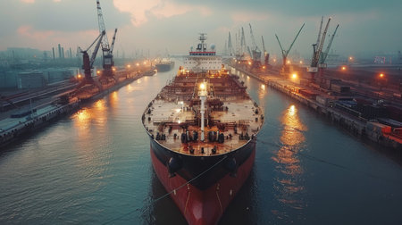 Massive Cargo Ship Docked at Busy Industrial Port During Twilight With Cranes and Lights Illuminating the Scene. Generative AIの素材