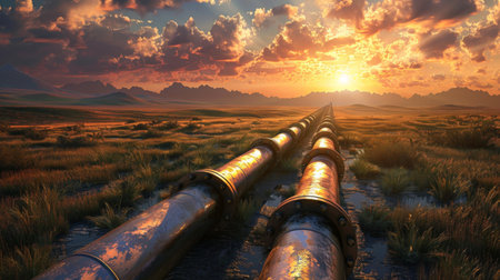 Long Pipelines Stretch Across a Vast Landscape During a Stunning Sunset Over Rolling Hills and Mountains. Generative AIの素材