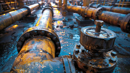 Industrial Pipes and Valves in Oil Refinery Illuminated by Evening Light Showcasing Intricate Details of Machinery and Infrastructure. Generative AIの素材