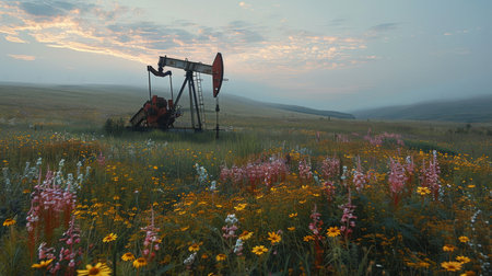Colorful Wildflowers Surround an Oil Pump Jack in a Serene Landscape at Dusk Near a Tranquil Field in Rural America. Generative AIの素材