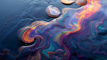 Colorful Abstract Patterns of Swirling Oil on Water Creating Unique Shapes and Textures in a Vibrant Display. Generative AIの素材