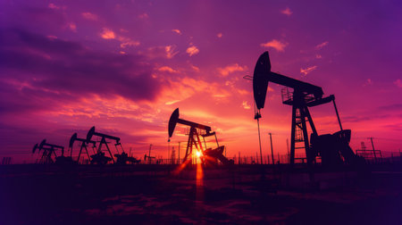 Sunset Over Oil Pumps in a Field Creating a Dramatic Silhouette Against a Vibrant Sky. Generative AIの素材
