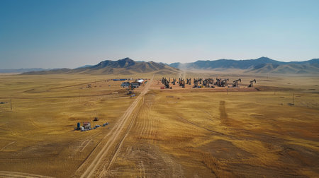 Vast Oil Field in a Remote Landscape With Pumping Units Operating Under a Clear Sky During Daylight Hours. Generative AIの素材