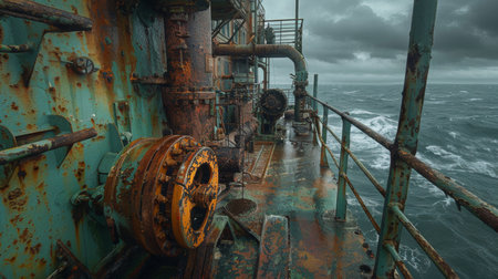 Rusty Machinery and Turbulent Waters on a Ship Navigating Stormy Seas Near a Coastal Area. Generative AIの素材