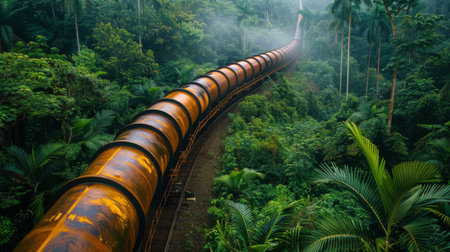 Long Metal Pipeline Winding Through Lush Tropical Forest in Vibrant Green Hues Captures the Essence of Nature and Industry at Sunrise. Generative AIの素材