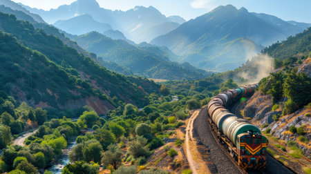 Locomotive Travels Through a Scenic Mountain Landscape With Lush Greenery and Winding River During the Afternoon. Generative AIの素材